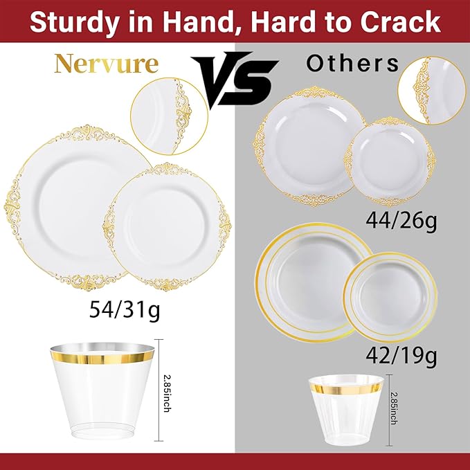Nervure 175PCS Gold Plastic Plates - Disposable White Gold Party Plates & Pre Rolled Napkins with Cutlery for 25 Guests, 50Plates, 75Silverware, 25Cups, 25Napkin for Wedding & Party