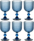 Blue Glasses Drinking Water Goblets set of 6 Big Vintage Glassware 13oz Colored Wine Glasses for Wedding Party Bar Vertical Line Embossed Pattern Stemmed Cups 400ml
