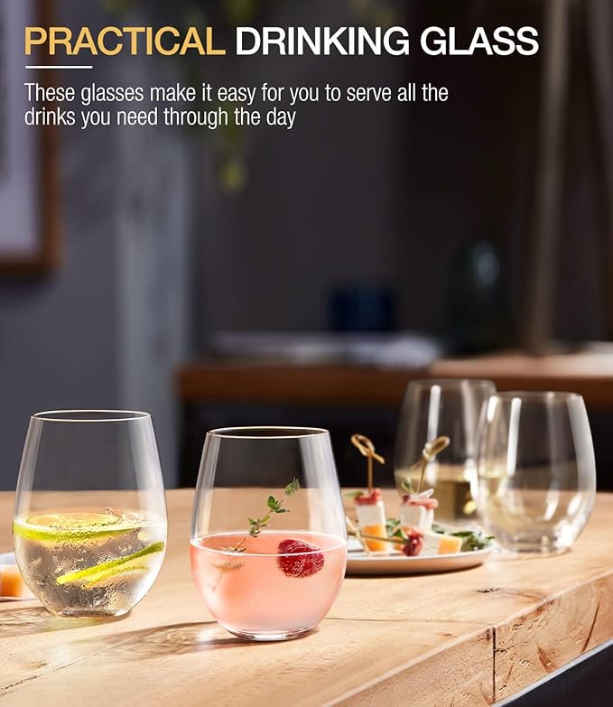 LUNA & MANTHA Stemless Wine Glasses Set of 2, 18oz Crystal Red White Wine Glasses for Daily Use, Hosting, Home Bar, Evening Party, Birthdays, Shower, Housewarming Gift, Clear