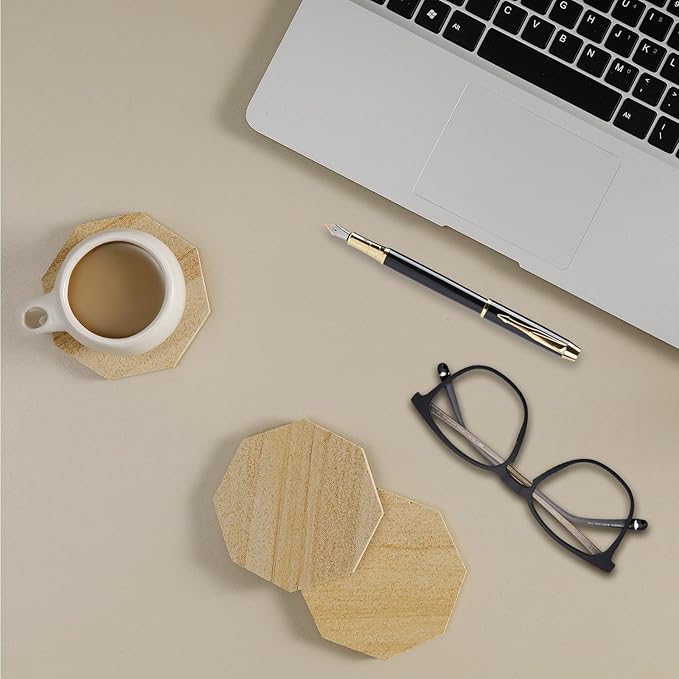 Highly Absorbent Sandstone Coasters Set of 6 with Holder, Octagonal Desert-Like Patterns Australian Sandstone Bar/Drink Coasters for Coffee Table, Office Desk, Outdoor, Bedroom Nightstand