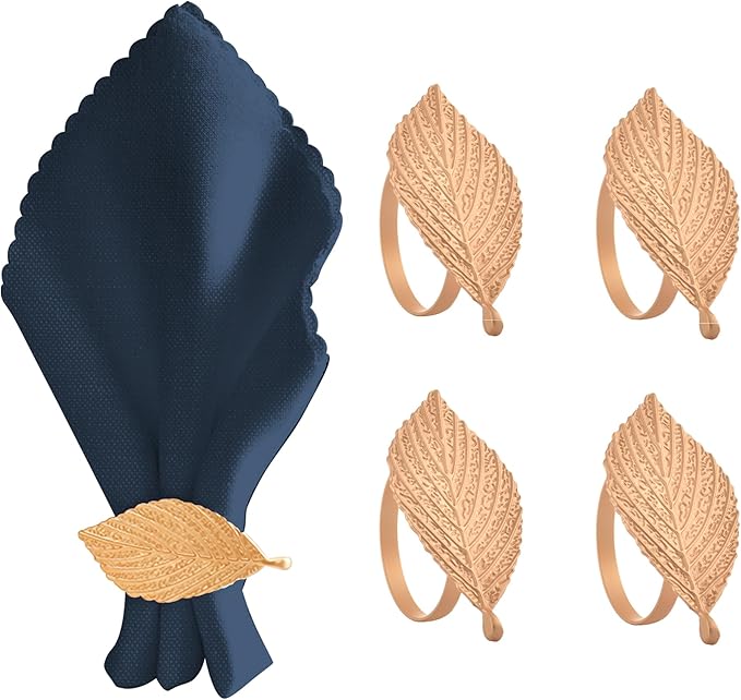 Decozen Set of 8 Gold Napkin Rings in Leaf Design, Festive, Table Decor Setting for Holiday, Wedding, Birthday, Kitchen, Home Decor, Housewarming Gift - Mothers Day Decorations