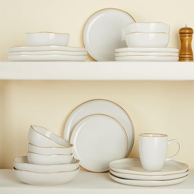 Dinnerware Set for 4, Ceramic Dish Set, Plate and Bowl Set, Microwave & Dishwasher Safe Dishware Set, Chip & Scratch Resistant Dinner Sets, Irregular Edge Design, White