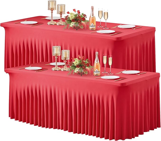 Wish Care 2 Pack Red Spandex Table Clothes for 8 Foot Rectangle Tables, 8FT Wrinkle Free Fitted Tablecloths Ruffles Design Stretch Table Cover for Party, Banquet, Wedding and Events