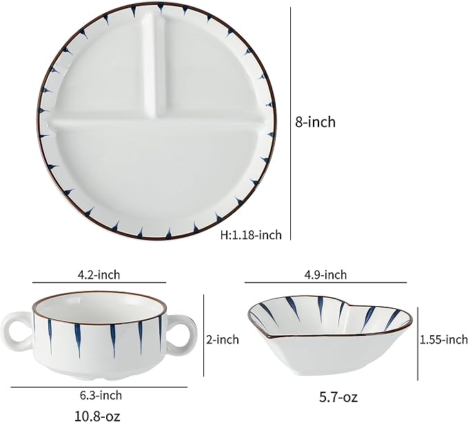 8" Dinner Plate Set, 3-Piece, Compartmentalized Ceramic Plates for Breakfast, Salad, Portion Control and Weight Loss