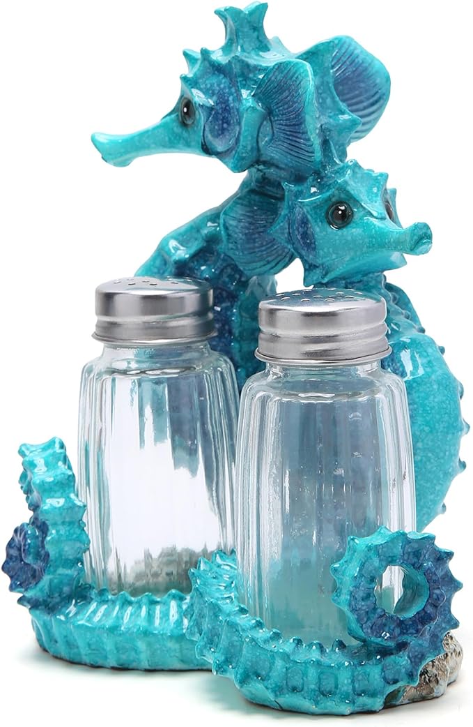 Hodao Seahorse With Salt and Pepper Shaker Figurines Decorations Set with Holder Figurine for Beach Bar or Tropical Kitchen Decor Table Decorations By Home Gifts (Seahorse-Blue)