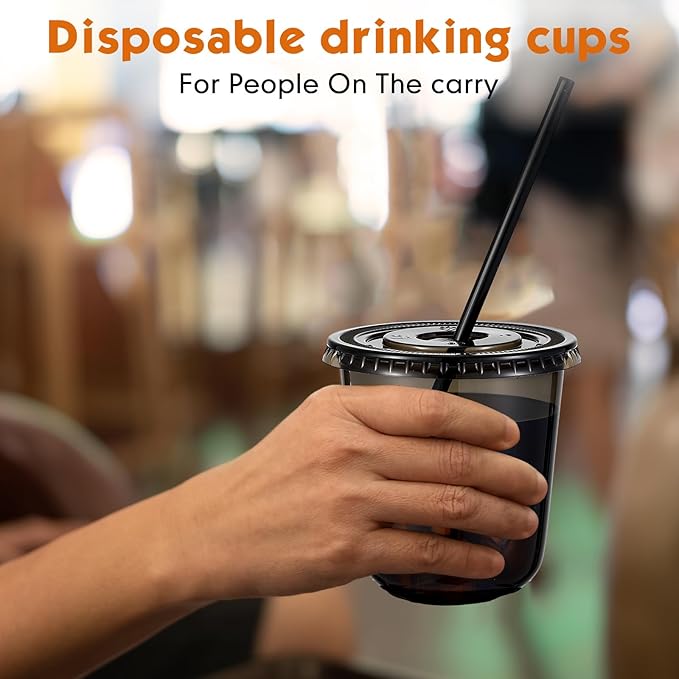 50 Sets Clear Plastic Cups with Lids and Straws, Disposable Iced Coffee Cups Drinking PET for Cold Drinks, Juice, Smoothie, Coffee Shops, Party, Christmas (Black,12 oz)