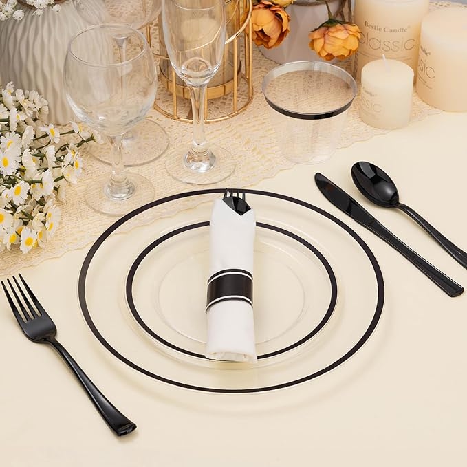 BESTSTAR 350PCS Clear and Black Disposable Plates Set for 50 Guests, 100 Plastic Plates, 50 Plastic Cups, 50 Pre-Rolled Napkins with Cutlery for Party, Thanksgiving, Birthday, Halloween, Christmas