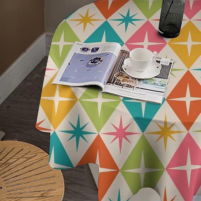 Abstract Geometric Round Tablecloth, Mid Century Retro Abstract Vintage Tablecloth for Home Party Dining Room Kitchen Decor 70Inch(178cm)