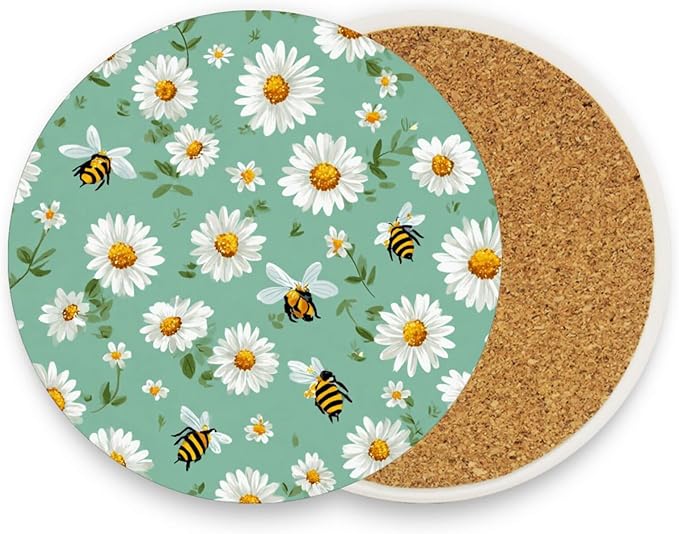 Coasters for Drinks Coaster Drink Set Decorative Coffee Table Desk Cup Mat Spring Cute Cork Bar Backing Round Home Decor Mint Green Daisy Flowers and Bees25