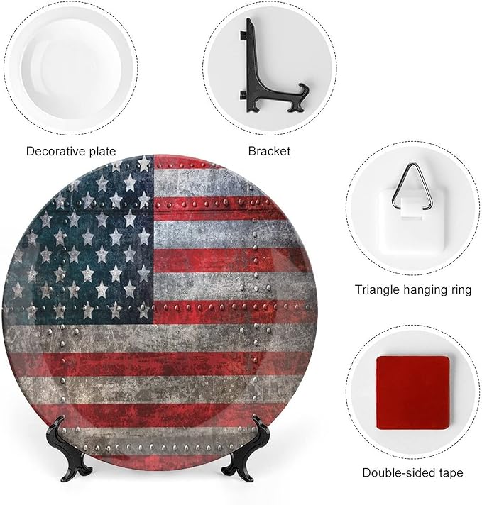 Decorative Plates, American Flag Print Ornament, US Flag Plate, 10 Inch, 1 Plate with 1 Display Stand, Multicolor