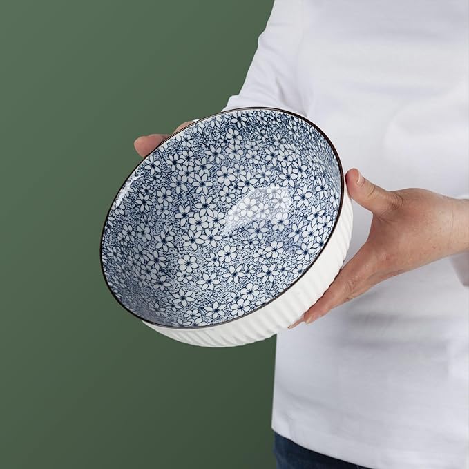 60 oz Large Soup Bowls, Pho Bowls, 8 Inch Blue and White Ceramic Japanese Ramen Bowls Set of 3 - Floral Pattern