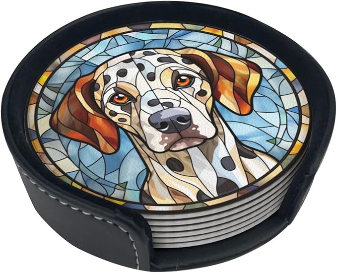 Drink Coaster Set of 6, Dalmatian Dog Mom Lover Gift,Leather Drink Coasters with Holder,6 Pack Cup/Bar/Drink Coasters for Table/Drinks/Coffee Protection Housewarming Gift