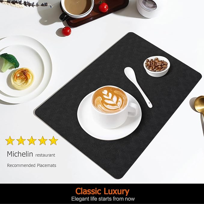 Vinyl Placemats Set of 8 Faux Leather 100% Waterproof Wipeable Washable Place Mats Heat Resistant Easy Clean Non-Slip Table Mats for Indoor Outdoor. (8,Black)