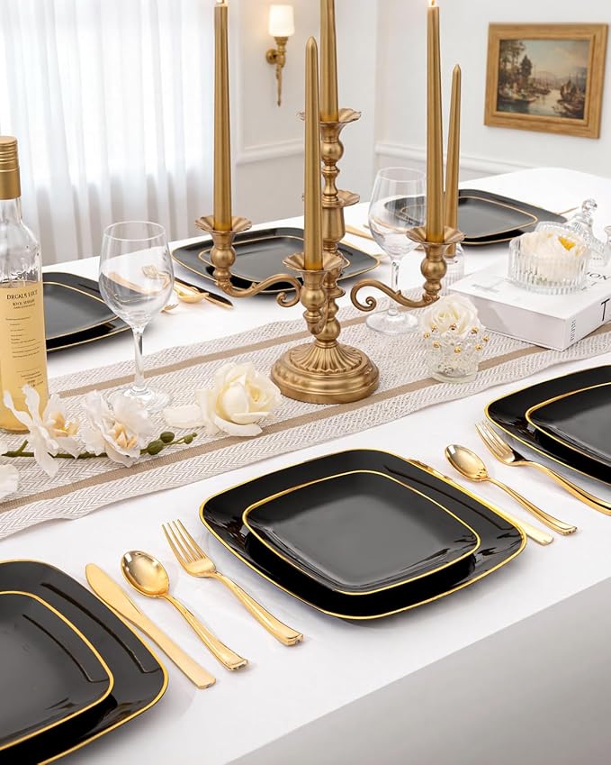 bUCLA 100PCS Black Plastic Plates with Gold Trim - Heavy Duty Black Gold Square Plates Disposable - Include 50 Each (Dinner & Dessert) for Party & New Year