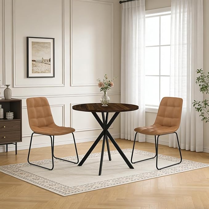 31.5" Round Dining Table Chairs Set for 2, Small Dining Table Chairs Set Space-Saving, Small Dinette Sets for 2 for Kitchen Dining Room Apartment(Walnut Table + Brown Chairs)