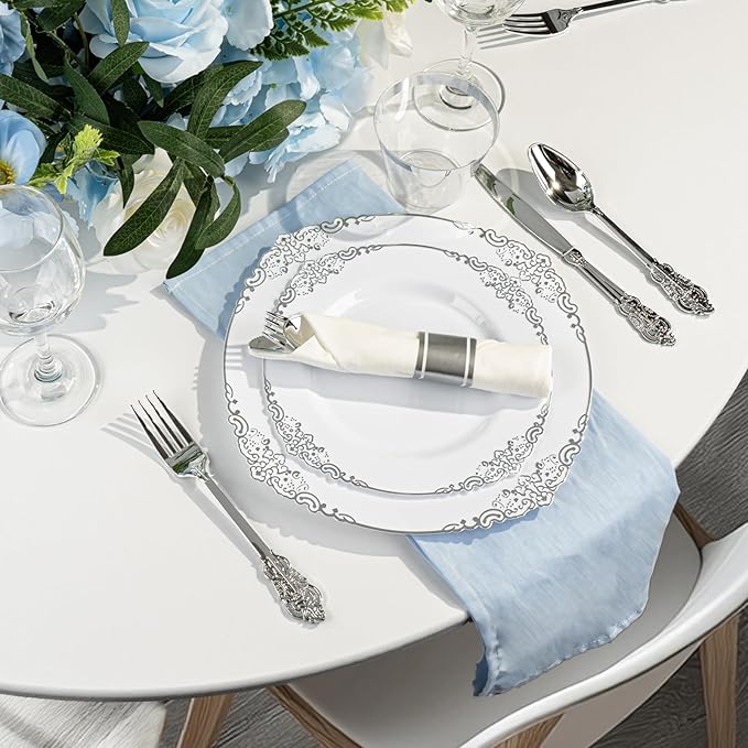 175PCS White and Silver Plastic Plates for 25 Guests, Disposable Dinnerware Sets Include 50 Plastic Plates, 25 Silverwares, 25 Cups, and 25 Pre Rolled Napkins for Party, Graduation