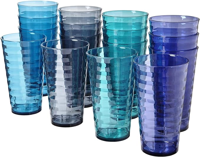 US Acrylic Splash [Set of 16] 18 ounce Plastic Stackable Water Tumblers in 4 Coastal Colors Value Set of Drinking Cups, Reusable, BPA-free, Made in the USA, Top-rack Dishwasher Safe