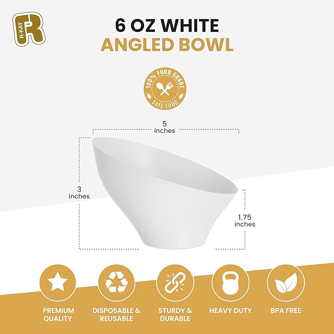 R-kay 6 Pack Angled White Serving Bowls - Small Plastic bowls 6 oz - Premium Plastic Serving Bowls Heavy Duty For Weddings Catering, parties, And All Occasions (White, Small)