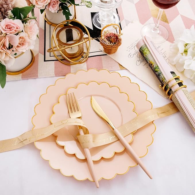 LIYH 60 Pcs Pink Plastic Plates with Gold Disposable Plates Includes: 30 Dinner 10.25" and 30 Dessert Plate 7.5" Gold Plastic Baby Shower Plate Set
