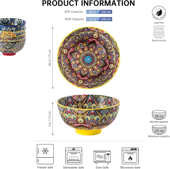Henten Home Ceramic Soup Bowls Set of 6, Bohemia 22 oz Cereal Bowls Set, Porcelain Serving Bowls for Oatmeal, Salad, Pasta, Fruit, Decorative, Microwave & Dishwasher Safe