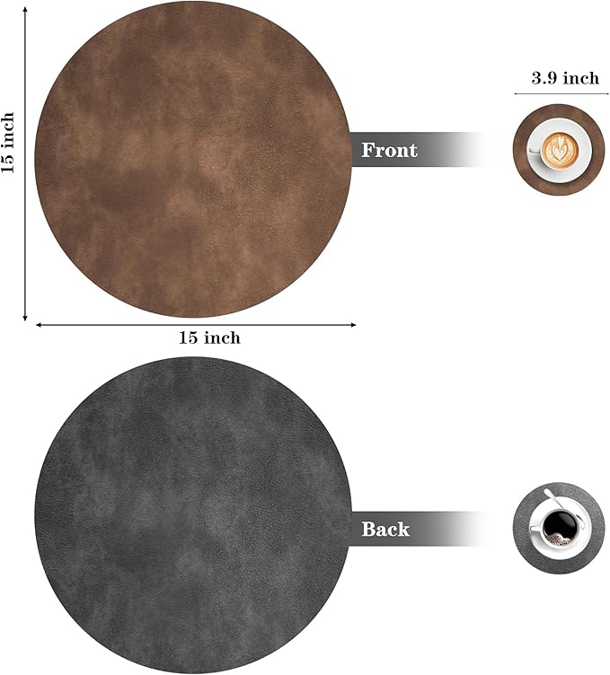 Round Placemats and Coasters Set of 4, Washable Reversible Faux Leather Placemats Cowhide Pattern Place Mats Wipeable Non-Slip 15 inch Round Kitchen Dining Table Mats (Gray Light Coffee, 4)