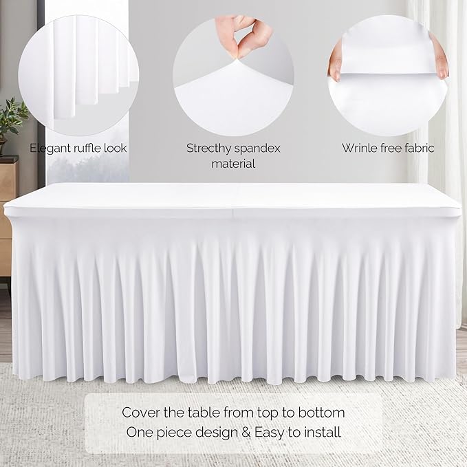 Wish Care 2 Pack White Spandex Table Clothes for 4 Foot Rectangle Tables, 4FT Wrinkle Free Fitted Tablecloths Ruffles Design Table Cover for Party, Banquet, Wedding and Events