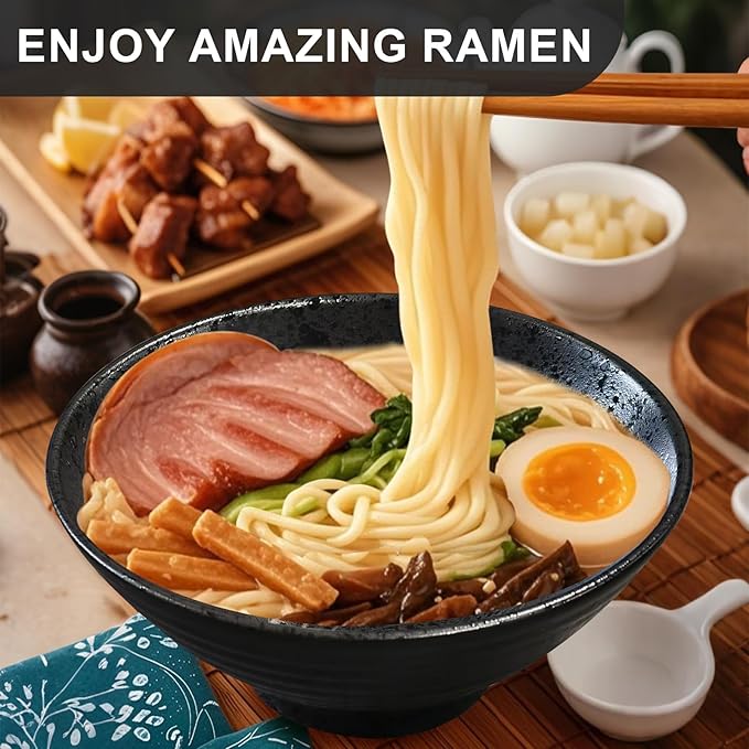 8-Inch Ceramic Ramen Bowl Set of 2 (9 Piece) - Porcelain Japanese Salad Noodles Cereal Fruit Pasta Soup Large Bowls with Recipes Chopsticks Forks Spoons for Men Women Gift Microwave & Dishwasher Safe