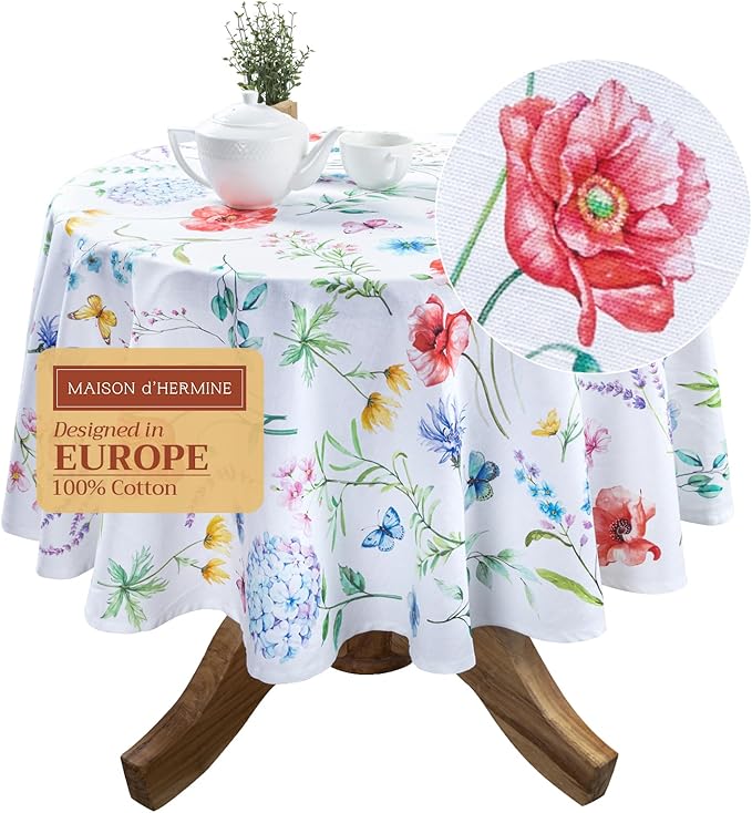 Maison d' Hermine Table Cloth Round Table 100% Cotton 69 Round Inches Tablecloth Reusable Decorative for Dining Room Farmhouse Home Valentines Day Decorations Spring Summer- Happy Florals -High Summer