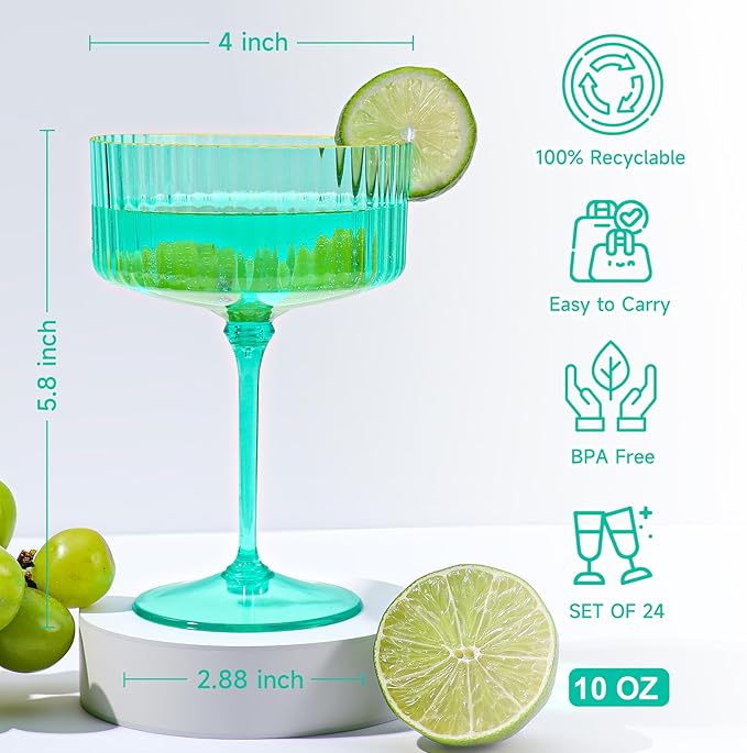 XUWAIDSGN 24 Pcs Champagne Martini Glasses 9 Oz with Gilded Removable Gold Rim Coupe Glasses Pink Martini Glasses Plastic Mimosa Vintage Coupe Glasses Set For Wedding Anniversary (24, Teal)