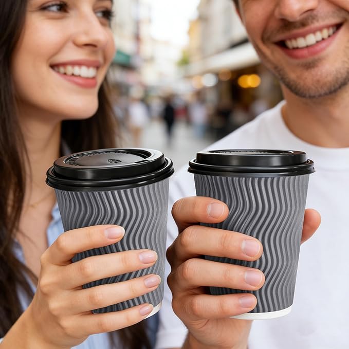 50 Pack 12 oz Coffee Cups with Lids, Disposable Insulated Hot Cups To Go Paper Coffee Cups, Corrugated Ripple Wall Cup for Hot Drink, Office, Coffee Bar (Grey 12 oz)