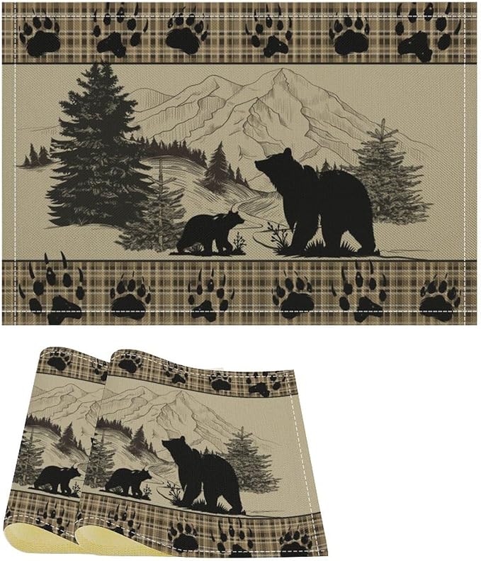 Retro Farmhouse Placemat Set, Rustic Brown Tartan Check Wildlife Bear Paw Silhouette Sketch Pine Tree Forest Pattern Home Decoration Linen Table Mats for Dining Room Kitchen Party (17x12in) x2P