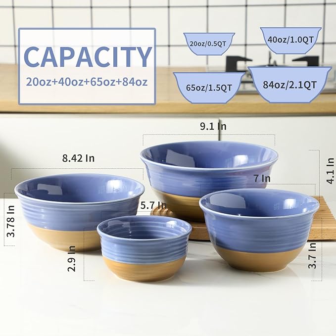 HASENSE Porcelain Mixing Bowls Set, Large Serving Dishes for Entertaining, 2.1/1.5/1.0/0.5 Qt Nesting Serving Bowls for Cooking Salad Baking Popcorn, Dishwasher Microwave Safe, Set of 4, Purple