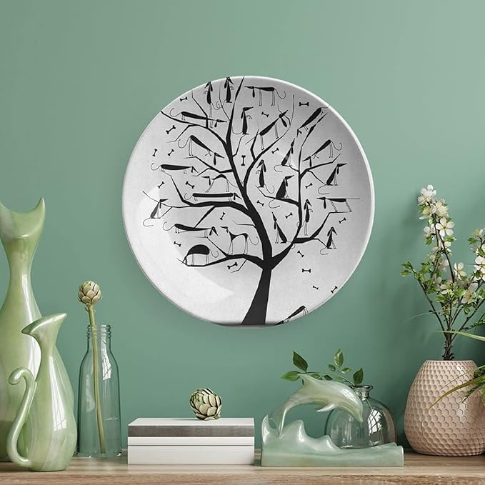 Decorative Plates, Abstract Print Ornament, Monochrome Autumn Season Tree with Dog on The Branches, 6 Inch, Kitchen Wall Decor, Black and White