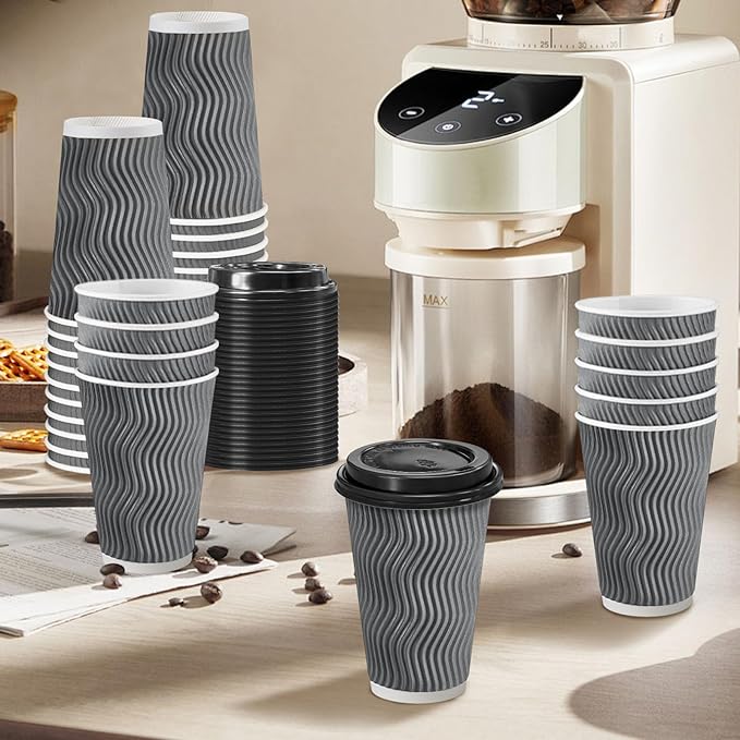 500 Pack Coffee Cups with Lids 16oz, Disposable Insulated Ripple Wall To Go Paper Coffee Cups for Hot/Cold Drinks Office Home Shop Event (Grey)