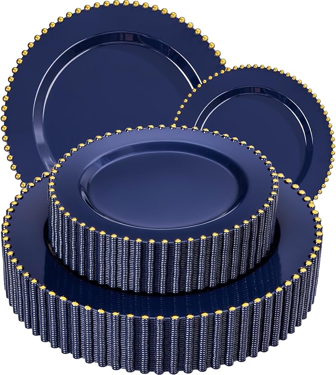 EI 60pcs Dark Blue Plastic Plates with Gold Rim Disposable,Blue Plastic Plates Disposable for Party,Heavy Duty 10" Dinner & 7" Dessert Plate Fancy Elegant Plate for Wedding,Birthday,Afternoon Tea