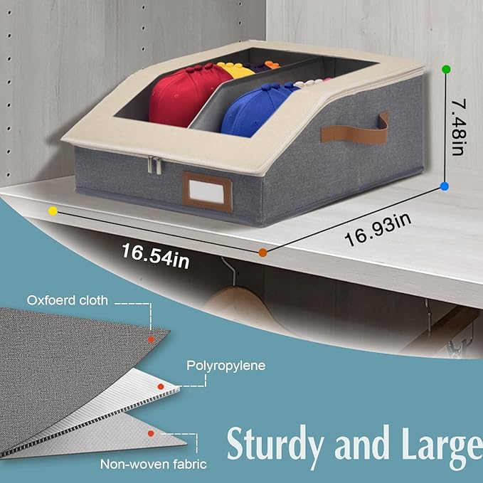 2-in-1 Hat Organizer for Baseball Caps Holds 48-60 Caps Hat Storage with Adjustable Divider Stackable Hats Holder for Closet with Clear lid Cowboy Hat Box for Men Women 2 PCS Beige and Grey