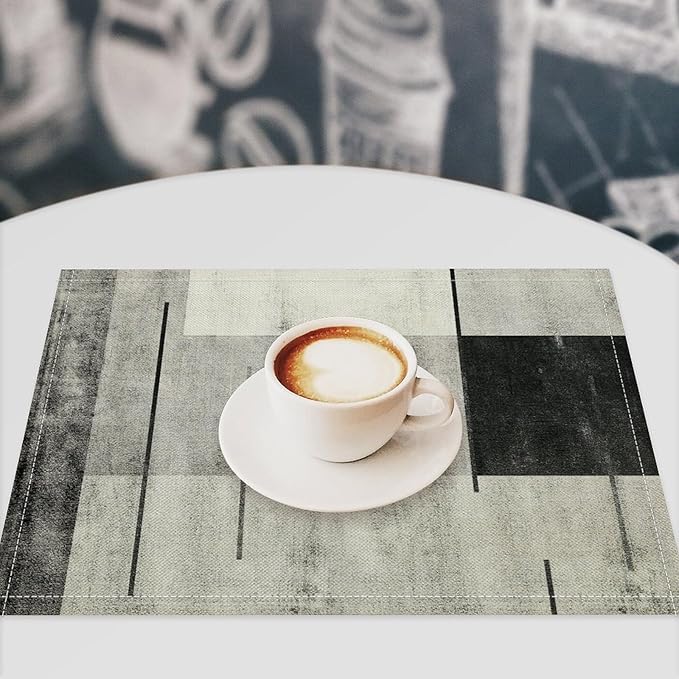 Gradient Placemat Set, Modern Minimal Black White Grey Abstract Geometric Shape Line Patchwork Pattern Home Decor Linen Table Mats for Dining Room Kitchen Party (17x12in) x6P