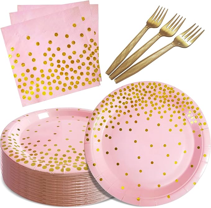 Pink and Gold Party Supplies,Serves 35 Guests Pink Paper Plates and Napkins,Disposable Party Paper Plates for Birthday Wedding