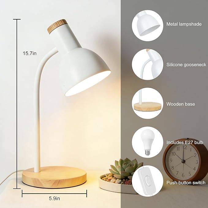 WLHONG LED Desk Lamp, Modern Table Lamps 3 Color Modes, Eye-Caring Reading Light, Desk Light with Adjustable Flexible Gooseneck, Study Lamp for Kids Audlt Bedside Dorm Room Essentials (White)