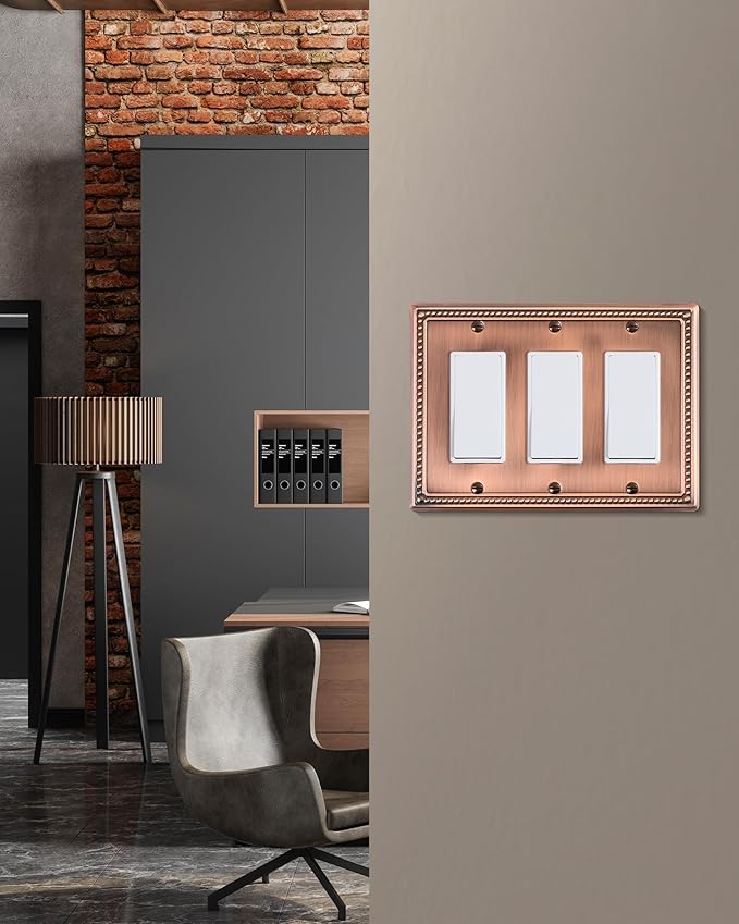 2-Pack Triple Decorator Outlet Cover Plate, Antique Copper Pearls Decorative Switch Plates and Outlet Covers, Metal Wall Plates for Electrical Outlets, Receptacle, GFCI Outlet, Dimmer Switch