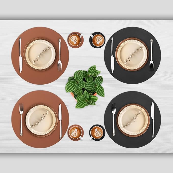 Myir JUN Round Placemats Set of 4 Faux Leather Place Mats and Coasters 15 inch Round Table Mats Dual Sided Non-Slip Stain Resistant Placemats (Black & Brown, Set of 4)