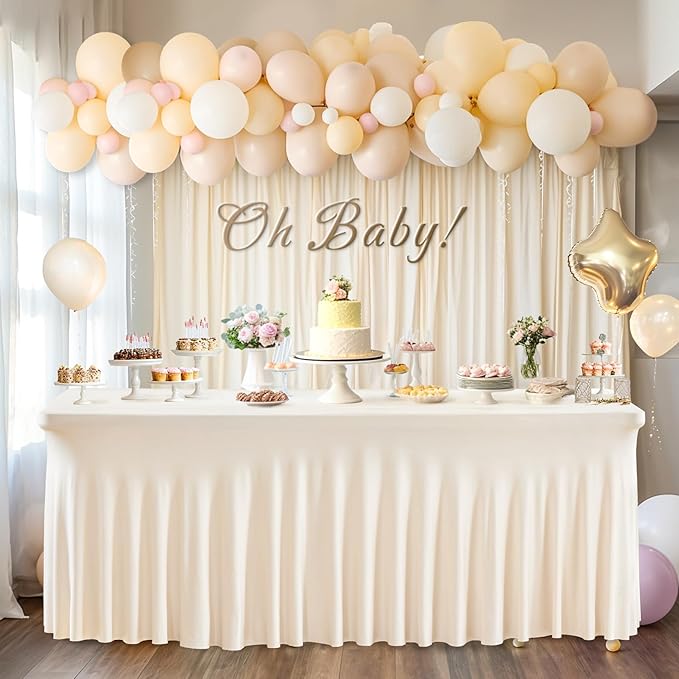 Wish Care 6 Pack Ivory Spandex Table Clothes for 4 Foot Rectangle Tables, 4FT Wrinkle Free Fitted Tablecloths Ruffles Design Table Cover for Party, Banquet, Wedding and Events