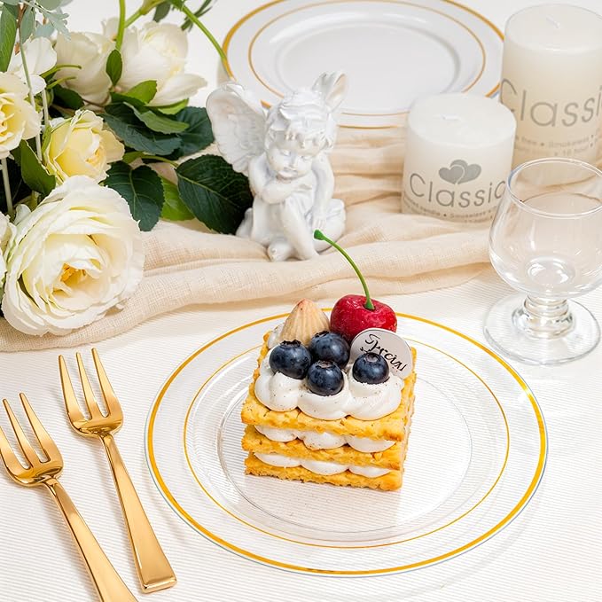 bUCLA 100 Pieces Clear Gold Plastic Plates Disposable - 6.25 Inch Clear Plastic Dessert Plates with Gold Trim for Party, Wedding & Thanksgiving