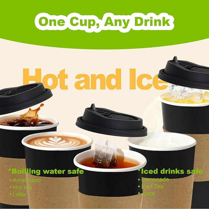100 Pack 12 oz Disposable Coffee Cups with Lids and Sleeves, Leak-Proof To Go Coffee Cups, PLA Black Paper Coffee Cups for Hot Beverage