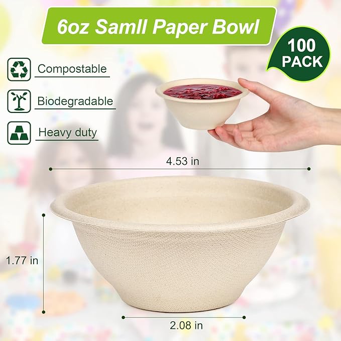 6 oz Small Compostable Paper Bowls, 100 Pack - Biodegradable Bagasse Bowls for Condiments, Sauces, Ice Cream