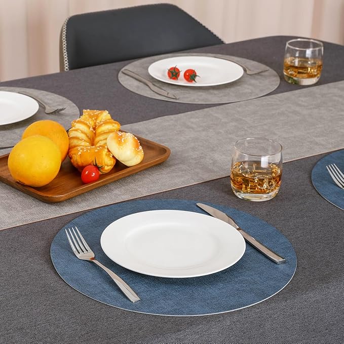 Myir JUN Reversible Vinyl Round Placemats Set of 8, Faux Leather Place Mats Dual Sided Waterproof Wipeable, Heat-Resistant Table Mats for Kitchen Dining Indoor Outdoor (14", Light Gray Navy Blue)