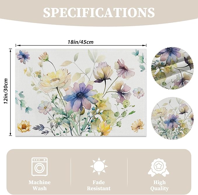 AOFOTO Floral Placemats Set of 4 Watercolor Blue Yellow Flower Green Leaves Printed Place Mats Rectangular Artistic Table Mats for Party Home Kitchen Restaurant Dining Table Decor 12x18 Inch