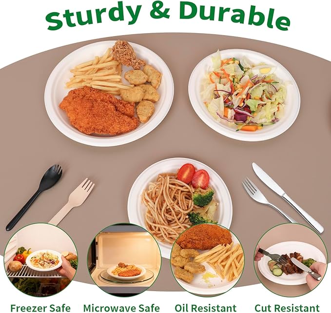 Aricsen 150 Pack 7 Inch Compostable Disposable Round Paper Plates, Natural White Biodegradable Sugarcane Bagasse PFAS-Free Eco-Friendly Dinner Plates for Party Wedding Picnic BBQ (150, 7 INCH)
