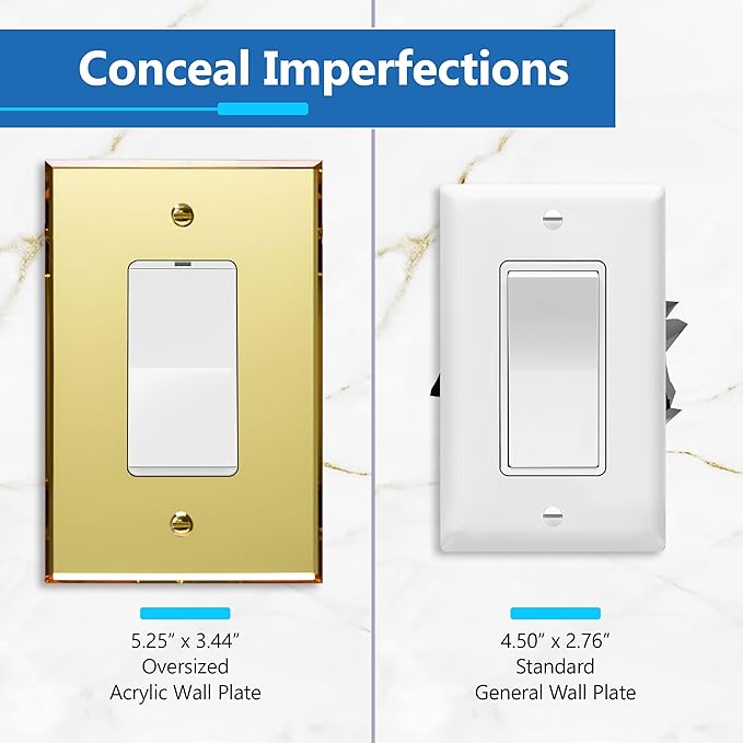 LIDER Reflective Acrylic Decorator Wall Plate, Mirrored Light Switch Plate, Plexiglass Outlet Cover, Acrylic Glass, Oversized 1-Gang 5.25" x 3.44", LWP-31O-AGD5P, Gold, 5 Pack