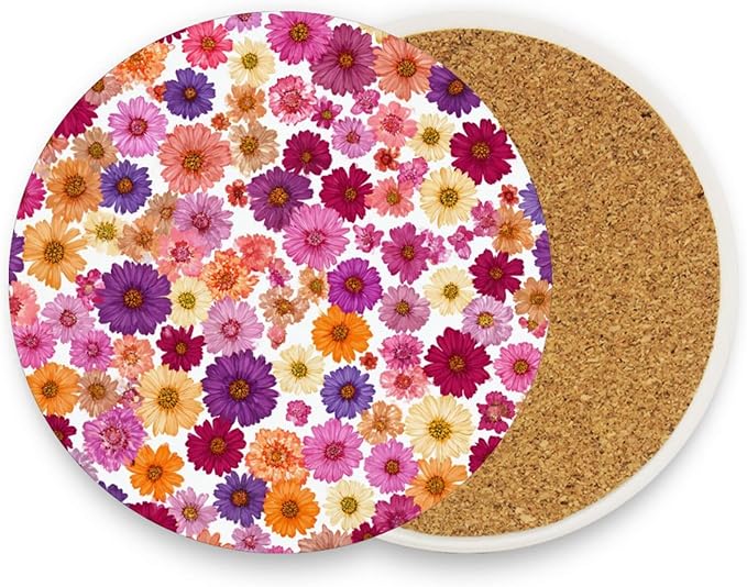 Coasters for Drinks Coaster Drink Set Decorative Coffee Table Desk Cup Mat Spring Cute Cork Bar Backing Round Home Decor Red Purple Yellow Daisy38